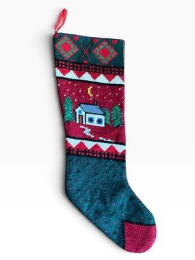 Vintage Wool Needlepoint Christmas Stocking House Snow Scene Lined